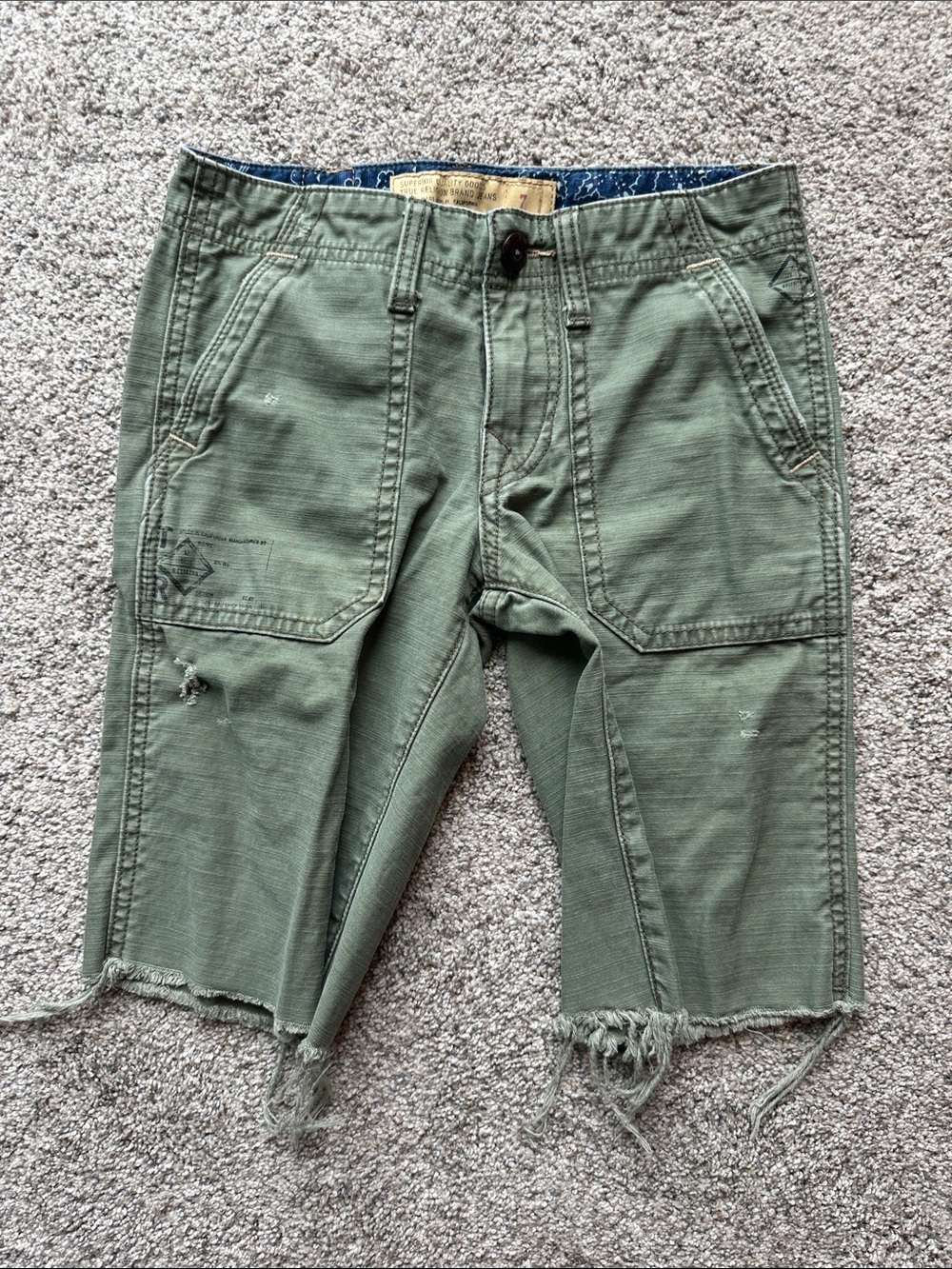 True Religion Olive Green Cargo Cutoff Shorts